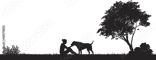 man and dog silhouette, sitting with dog, best friend bond, pet owner clipart, tree nature scene, male dog lover, peaceful outdoor moment