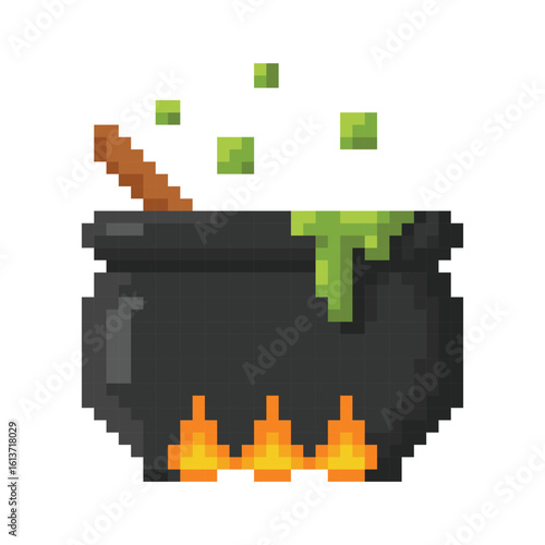 Boiling witch cauldron with green bubble for Halloween icon. Pixel 8bit style