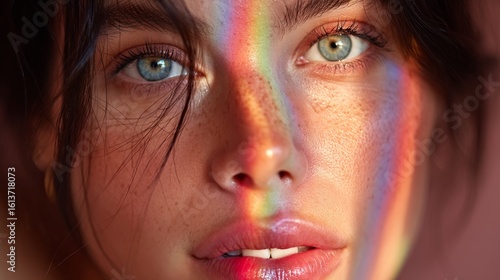 Close-up portrait of a woman with striking blue eyes,