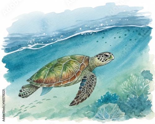 Graceful Sea Turtle Swimming in a Serene Ocean Scene