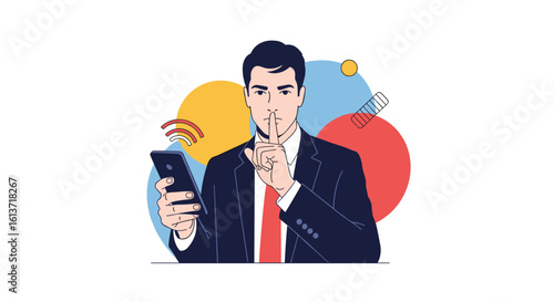 Businessman holding a smartphone and gesturing for silence with his finger to his lips while standing in front of abstract colorful circles