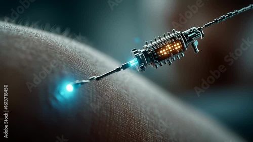 Robotic micro-needle injecting and retracting from human skin for medical procedure footage