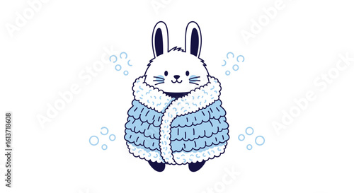 Adorable fluffy bunny wearing a cozy blue winter coat with festive snow falling gently around its adorable fluffy head