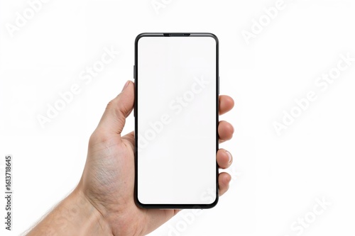 Mobile phone blank screen mockup held in hand showcasing modern technology perfect for app screenshots and digital product marketing materials
