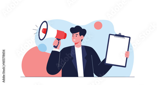 Announcing important information with a megaphone and clipboard for business communications