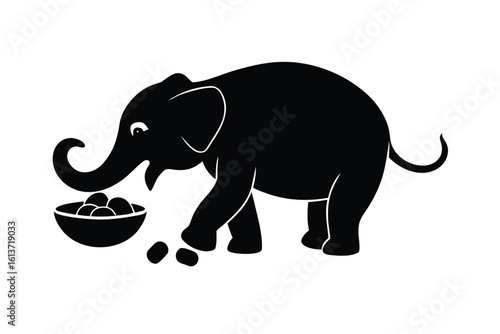 Angry Elephant Tipping Over a Bowl of Peanuts Vector Illustration