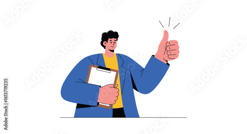 Professional man gives a thumbs up gesture with a clipboard in his hand indicating success and approval