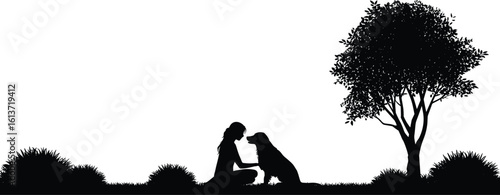 dog and woman silhouette, sitting with dog, pet owner love, dog companion art, best friend clipart, tree nature scene, vector friendship design