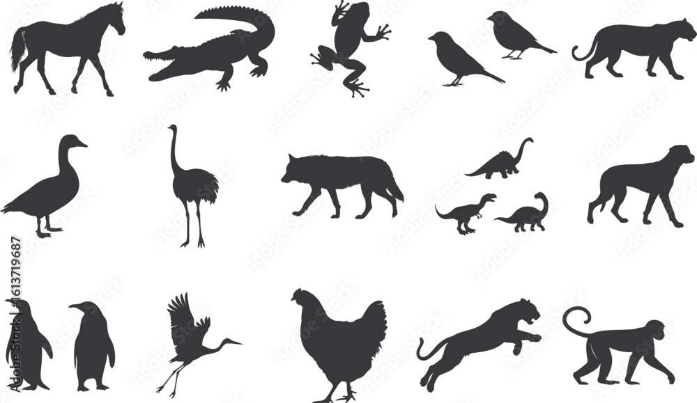 Obraz premium 15+ Different animal silhouette set collection. Animal vector black and white editable eps file. Alligator, Amphibian, Chicken, Dinosaur, Dog, graphic, Duck, Horse, Monkey, Old Word