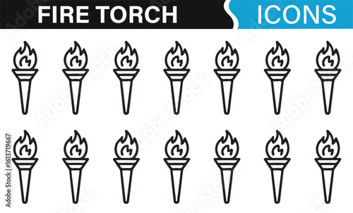 Fire Torch and Flame Icons for Outdoor and Camping Themes