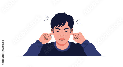 Man frustratedly plugging ears ignoring annoying noise and disturbance while feeling annoyed