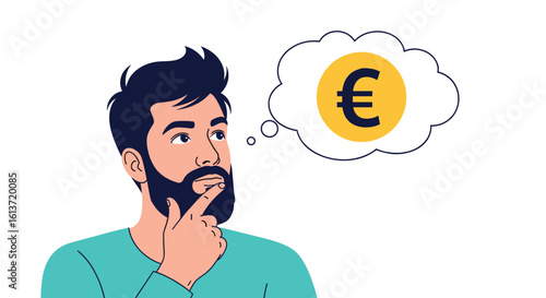 Man contemplating a financial decision with a euro symbol in his thought bubble pondering future economic prospects