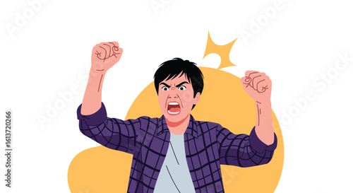 Frustrated man shouting loudly with fists raised in anger and defiance representing intense frustration and outrage