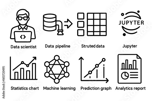 Set of black and white data science and analytics icons in grid layout