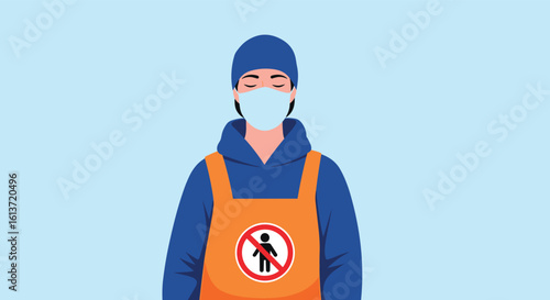 Person wearing a face mask and protective vest with a no entry sign on a light blue background promoting safety and health precautions