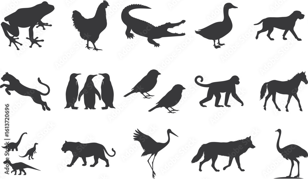 Obraz premium 15+ Different animal silhouette set collection. Animal vector black and white editable eps file. Alligator, Amphibian, Chicken, Dinosaur, Dog, graphic, Duck, Horse, Monkey, Old Word
