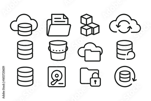 Set of 12 line icons for data storage, cloud computing, and file management
