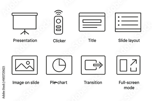 Set of simple black and white line icons for presentations and slides