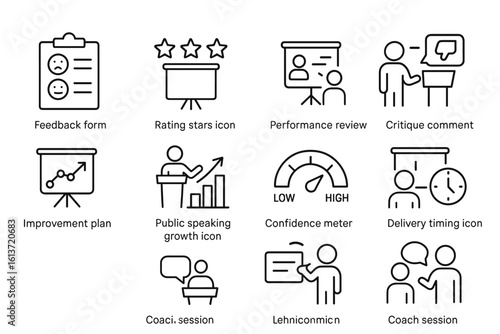 Set of black and white line icons for feedback, rating, performance review, critique, improvement, public speaking, confidence, coaching, technical communication
