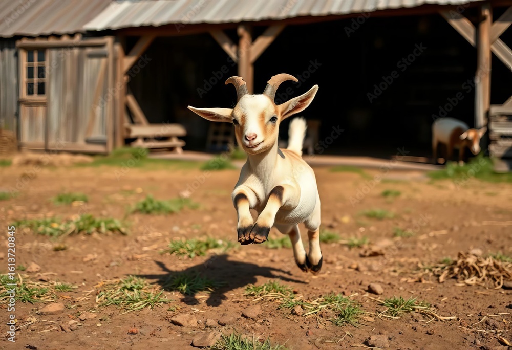 Fototapeta premium A playful kid goat leaps in a farmyard, rustic farmhouse backdrop, kid, sunny