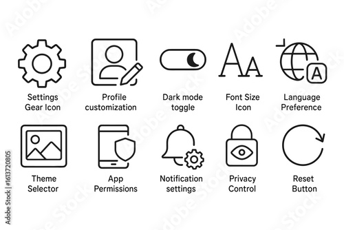 Set of minimalist line icons for software settings and options