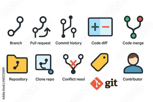 Set of Git Concept Icons in Line Style for Version Control and Collaboration