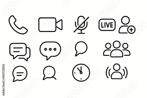 Set of communication icons in black outline style for messaging and live streaming