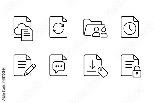 Set of black line style document-related icons for cloud storage, synchronization, editing, and more