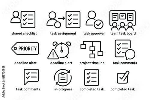 Set of black and white task management icons for project and task tracking
