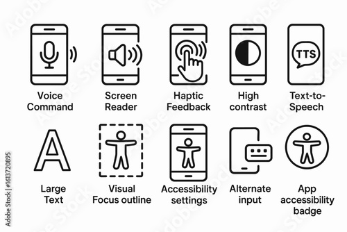 Set of black line icons for digital accessibility features on smartphones and devices