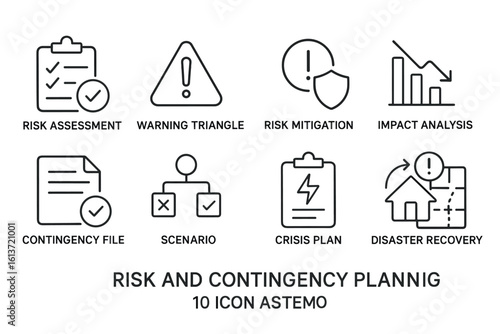 Set of black and white line icons for risk and contingency planning