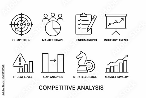 Collection of black and white line icons for competitive analysis