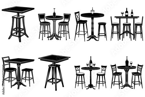 Illustration showing various styles of bar tables and stools in a black and white design concept art