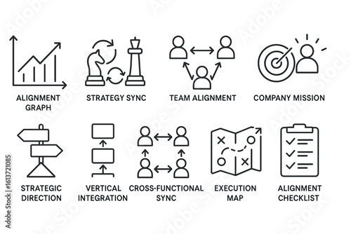 Set of strategic business concept line icons in black and white style