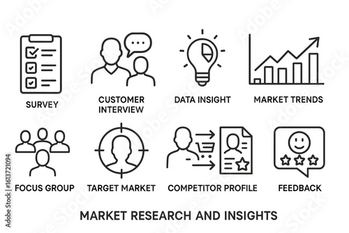Set of market research and insights icons in line art style