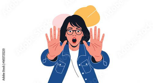 Expressive young woman with glasses showing open palms in shocked amazement and disbelief