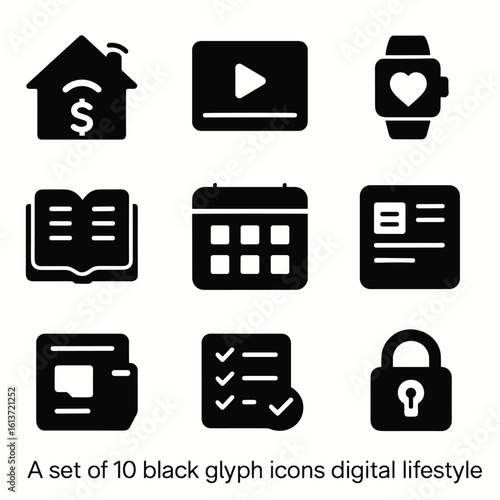Set of 10 black glyph icons for digital lifestyle, smart home, online media, fitness tracking