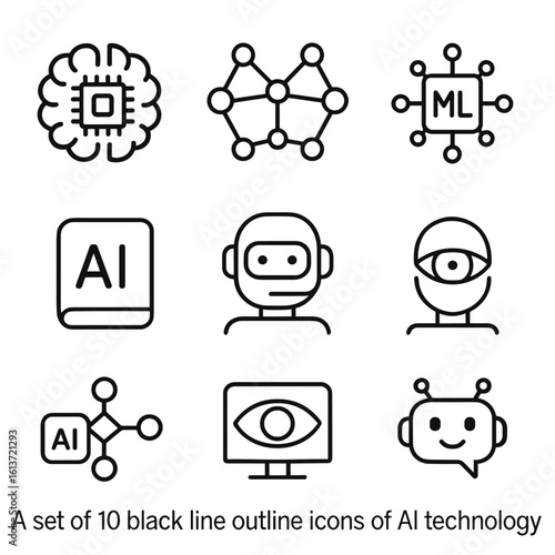 Set of black line outline icons representing different aspects of AI technology