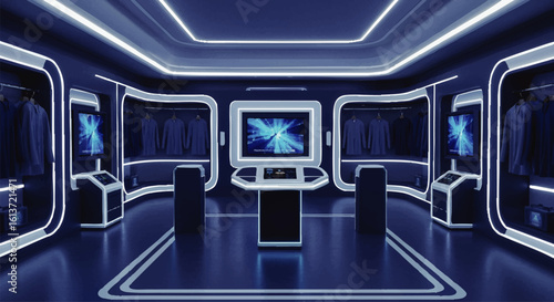 Futuristic room with glowing blue lights, screens displaying abstract graphics, and sleek, modern design elements.