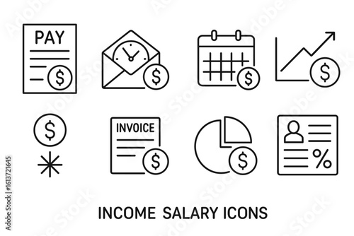 Set of line icons for income and salary, with dollar signs and financial elements