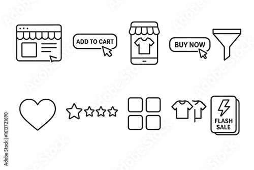Set of ten black and white line icons for online shopping