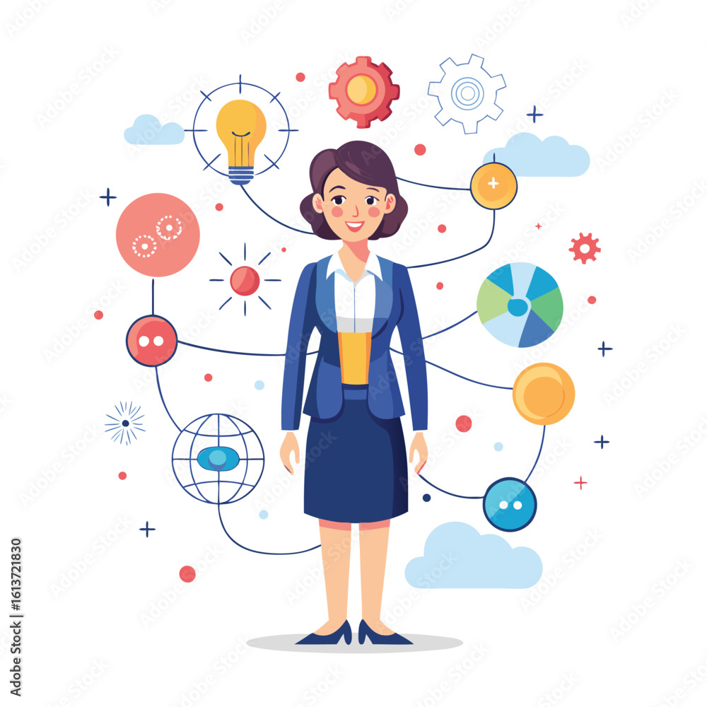 Fototapeta premium Professional Businesswoman Creating Strategic Mind Map for Brainstorming, Planning, and Problem Solving – Flat Vector Illustration for Office, Corporate Training, and Business Presentation