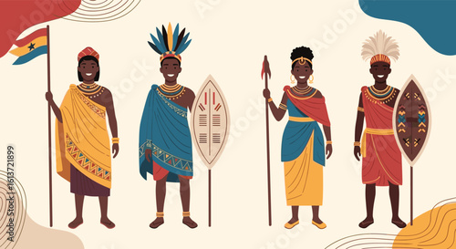 Illustrating diverse african traditional attire and cultural heritage with symbols of national identity and warrior traditions