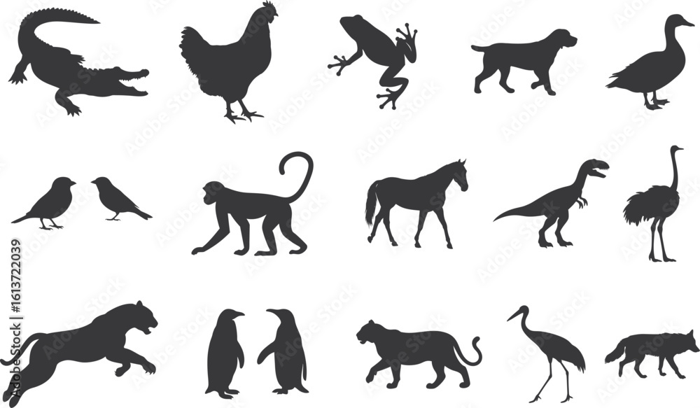 Obraz premium 15+ Different animal silhouette set collection. Animal vector black and white editable eps file. Alligator, Amphibian, Chicken, Dinosaur, Dog, graphic, Duck, Horse, Monkey, Old Word