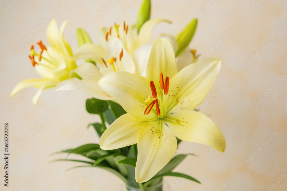 Fototapeta premium Yellow lilies in glass vase – perfect for natural home decor or minimalist floral stock themes