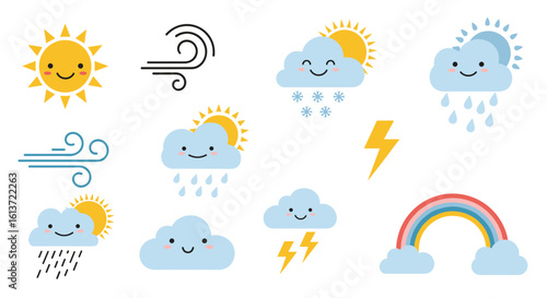 Collection of cute weather icons featuring sunny clouds rainy days and rainbows