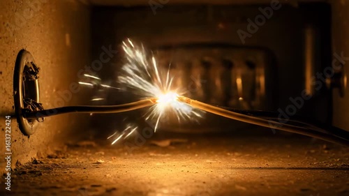 Electrical wires sparking inside an electrical box on a dark background  