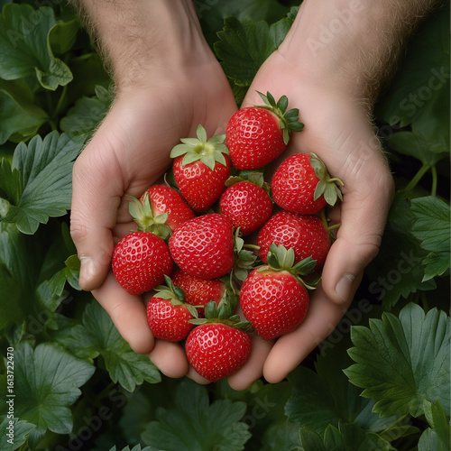 Fresh strawberries held in hands, surrounded by green leaves