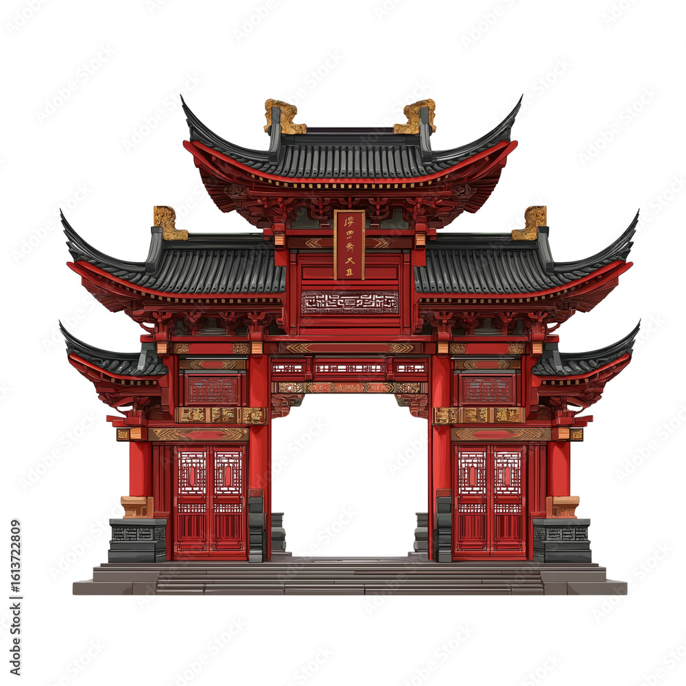Fototapeta premium Chinese temple gate on transparent background. cutout.