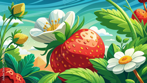A summer gardening scene featuring a close-up of a white flower alongside red strawberry berries captures nature’s charm. In semi-realistic detail, colors blend beautifully, creating a fresh and peace